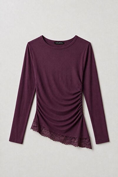 Juuuj Burgundy Viscose Lycra Blended Stretchy Textured Crew Neck Long Sleeve ...