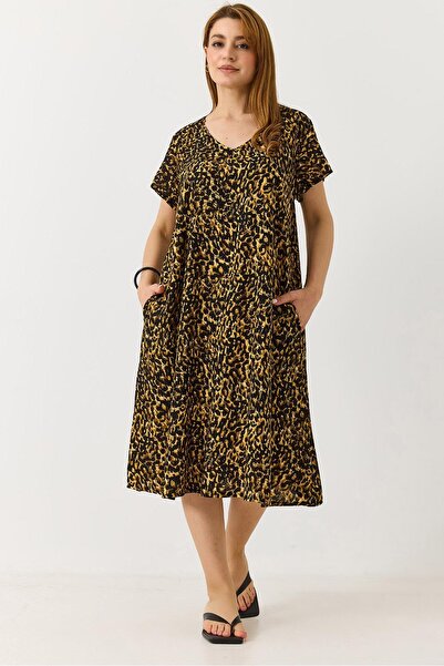 Juuuj Mustard Stretch Fabric V-Neck Pocketed Relaxed Fit Leopard Patterned Ca...