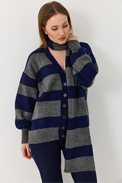 Juuuj Navy Blue Anthracite Knitwear Soft Textured V-Neck Off-Shoulder Striped...