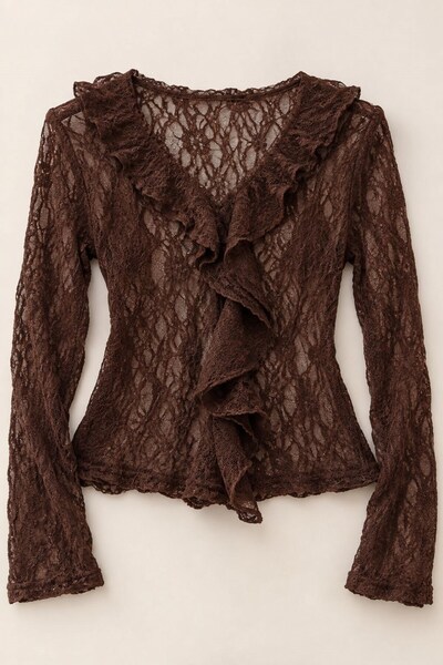 Juuuj Coffee Color Stretchy Lace Textured V-Neck Long Sleeve Ruffle Detailed ...