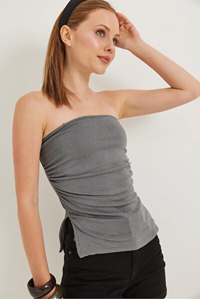 Juuuj Gray Stretchy Textured Strapless Collar Blouse with Gathered Sides and ...