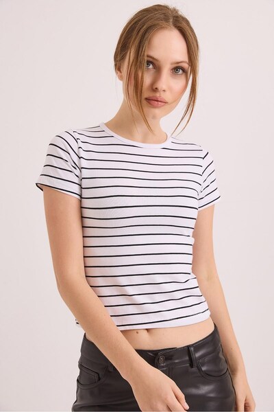 Juuuj Tricou cu mânecă scurtă, cu dungi, din țesătură elastică din bumbac alb...