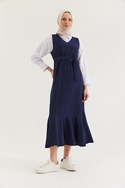 Juuuj Navy Blue Viscose Blend Zero-Sleeve Dress with Belted Waist and Striped...