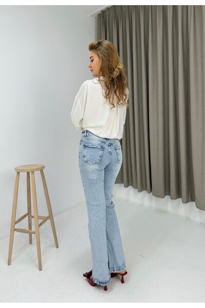 Juuuj Light Blue Cotton Woven High Waist Wide Leg Relaxed Fit Five-Pocket Jean Trousers Jeans