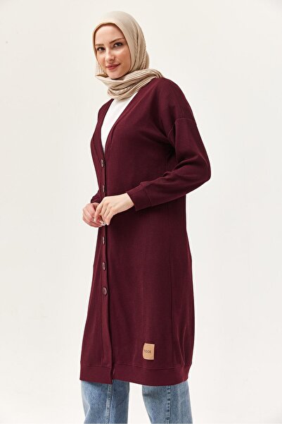 Juuuj Burgundy Knitwear Fabric V-Neck Off-Shoulder Relaxed Fit Buttoned Long ...