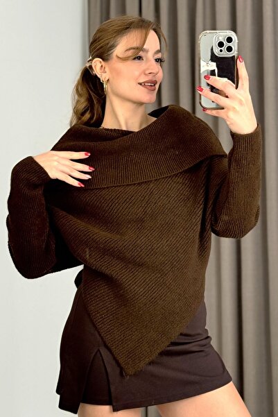 Juuuj Brown Knitwear Bat Sleeve Asymmetrical Cut Degaje Collar Ribbed Knitted...