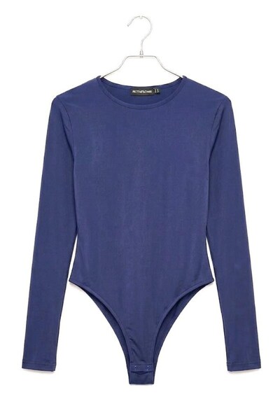 Juuuj Indigo Stretchy Textured Crew Neck Long Sleeve Bodysuit with Snap Butto...