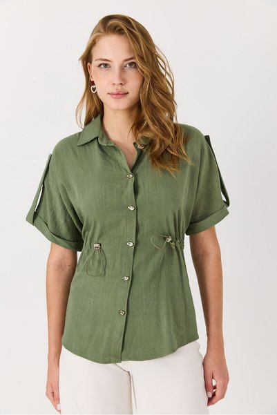 Juuuj Khaki Woven Fabric Short Sleeve Classic Collar Regular Fit Shirt with A...