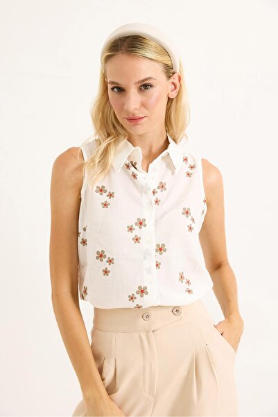 Juuuj Beige Linen Fabric Shirt Collar Sleeveless Straight Cut Floral Patterne...