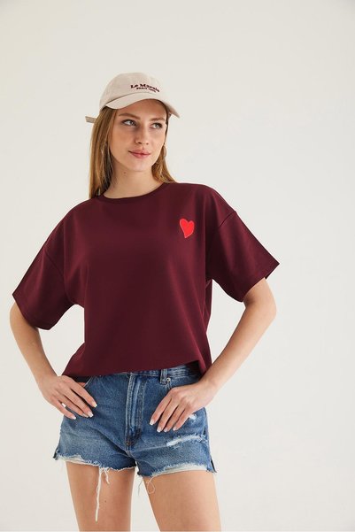 Juuuj Tricou tricotat din țesătură de bumbac burgundy, cu decolteu rotund, mâ...