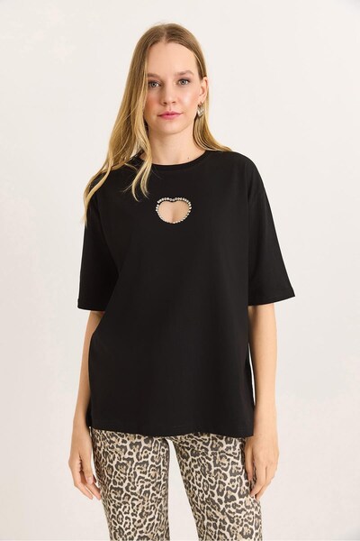 Juuuj Black Cotton Fabric Crew Neck Short Sleeve Heart-Cut Stone Embroidered ...