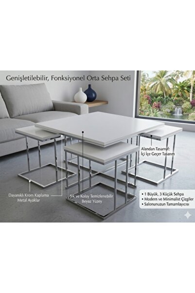Nokta Sehpa Home RİO 5Lİ SET 4+1 pizza 5li set ORTA SEHPA gümüş beyaz