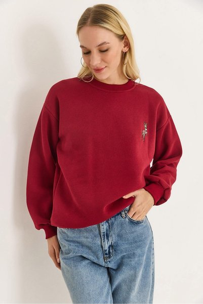 Juuuj Burgundy Three-Thread Embroidered Woven Fabric Crew Neck Straight Cut D...