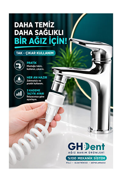GHDENT GH15 Manuel Ağız Duşu Askılıklı | 3 Adet Tek Gözlü (1 Delikli) Başlık | Musluğa Bağlanır | BPA FREE | FDA Kriterleriyle Test Edilmiştir