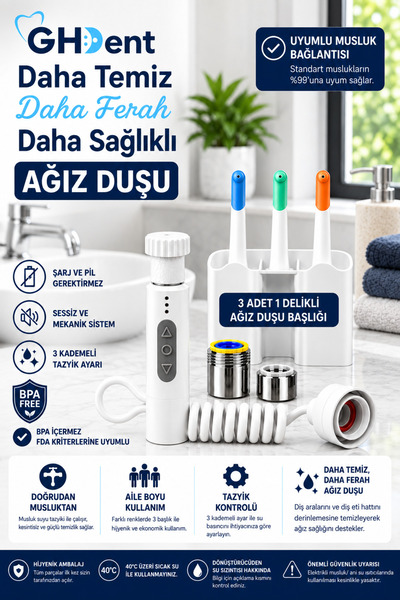 GHDENT GH15 Manuel Ağız Duşu Askılıklı | 3 Adet Tek Gözlü (1 Delikli) Başlık ...