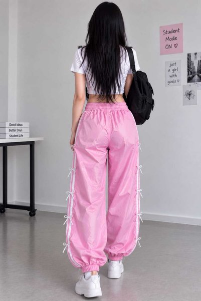 EDVESS Pantaloni/ Treninguri largi unisex cu panglică roz Y2k, stil parașută / Treninguri New Trend