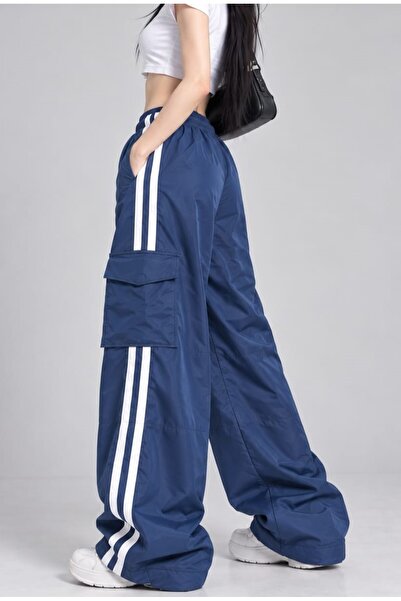 EDVESS Y2K Navy Blue 3-Line Detailed Baggy Parachute Pants