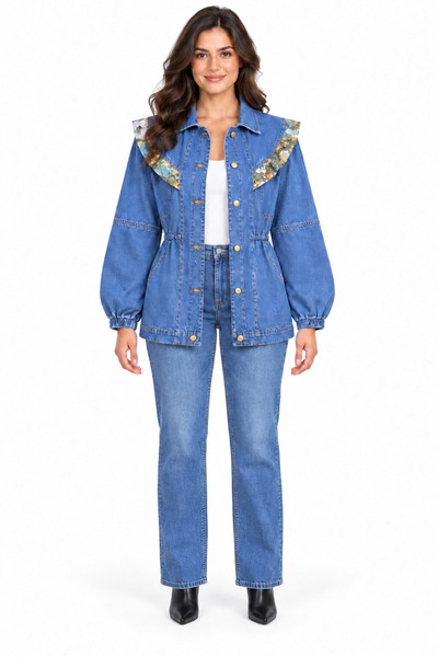 Weekeep Belden Büzgülü Tasarım Gömlek Yaka Denim Ceket Mavi