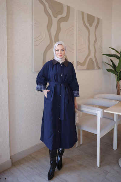 İmajButik Lacivert Fermuarlı Çıtçıtlı Kemerli Astarlı Trençkot
