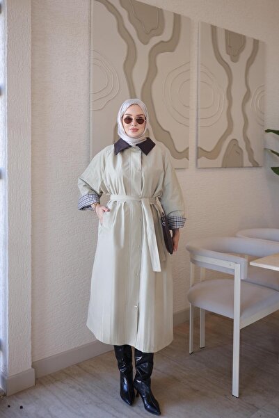 İmajButik Bej Fermuarlı Çıtçıtlı Kemerli Astarlı Trençkot