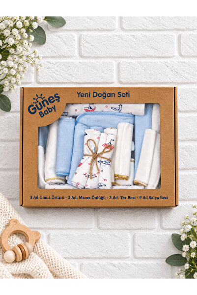 GÜNEŞBAYB Mavi Erkek Bebek Yeni Doğan Bakım Ve İhtiyaç Seti 18 Parça Omuz Ört...