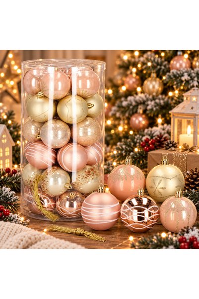 SERSIMO Set globuri de Crăciun cu modele festive, 30 piese, 6 cm, roz și auriu