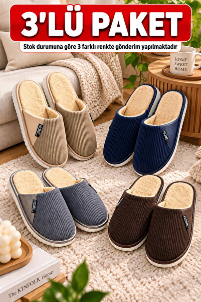 Moda Frato 3'LÜ PAKET HOME Erkek Terlik Ev Terliği Kışlık Yumuşak Tabanlı