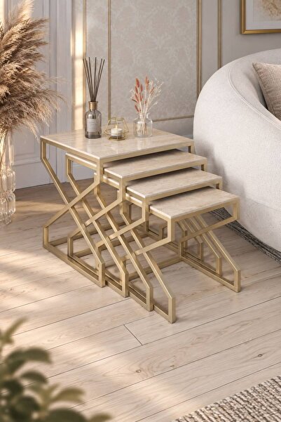 Dekoport Ela 4lü Zigon Sehpa Yan Sehpa Metal Ayak Mdf Membran Tabla