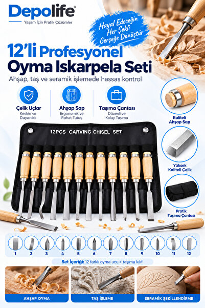 Depolife Ahşap Taş Seramik Oyma Profesyonel ıskarpela Takımı 12`li Çelik uçlu...