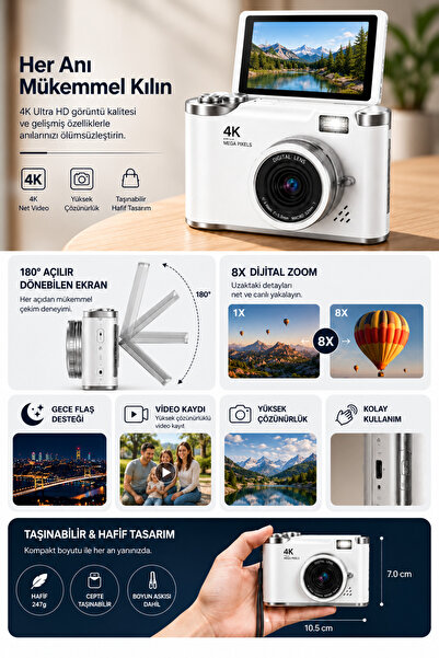 Omaze 4K Dijital Fotoğraf Makinesi 8X Zoom 180° Dönen Flip Ekranlı Flaşlı Vlog Kamera 48MP 32GB Hafıza Kartı Hediyeli