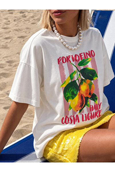CrepTekstil Γυναικείο μπλουζάκι Crep Portofino με στάμπα λεμόνι, oversized, 1...