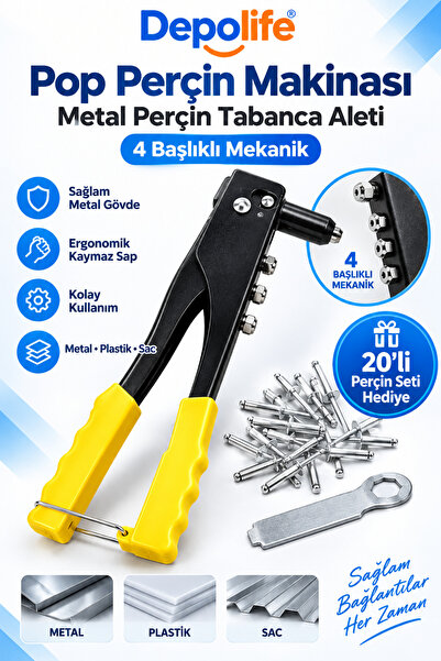 Depolife Pop Perçin Makinası Metal Perçin Tabanca Aleti Perçin Civili 4 Başlı...
