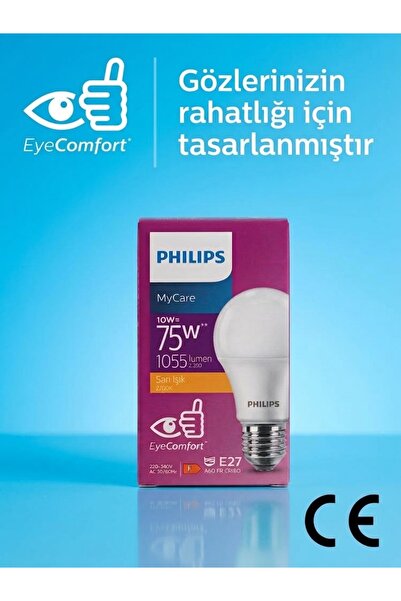 Philips MyCare LED Ampul 10W 1055 Lumen 2700K Sarı Işık A60 E27 Duy (75W Eşle...