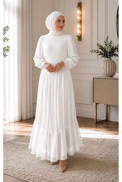 CYM Butik Pleated Belted Hijab Dress White