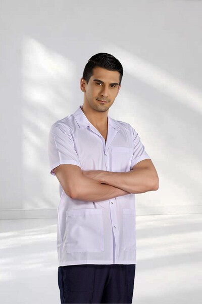 ÇİZGİ MEDİKAL Men's Classic Lapel Short Sleeve Short Apron (Alpaca Fabric)