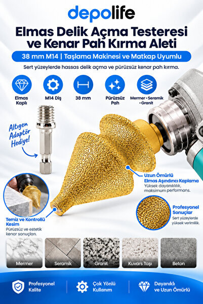 Depolife Elmas Delik Açma Testeresi ve Kenar Pah Kırma Aleti 38mm M14 Taşlama...