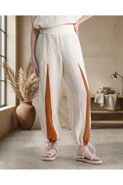 Lorenzella Women's Cream Color Double Color Detailed Muslin Shalwar Boho Trousers Standard Size