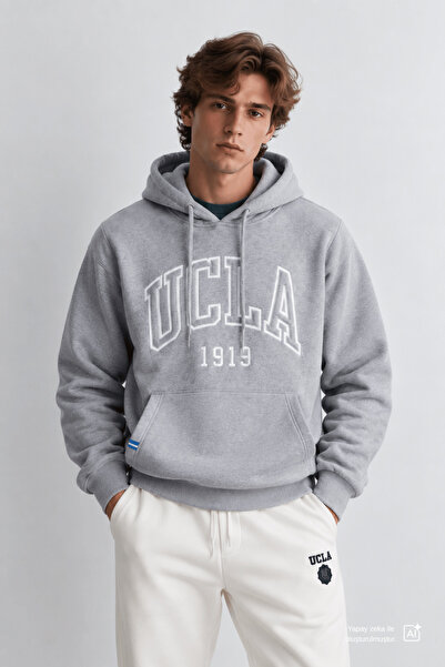 UCLA JEPSEN Gri Kapüşonlu Nakışlı Şardonlu Standard Fit Erkek Sweatshirt
