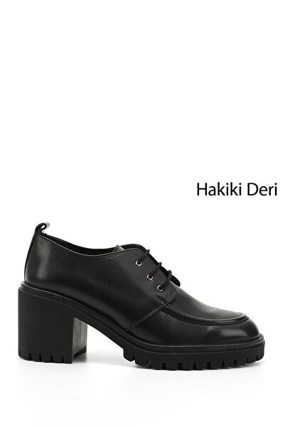 GÖNDERİ(R) Black Genuine Leather Round Toe Thick Heeled Lace up Women's Shoes...