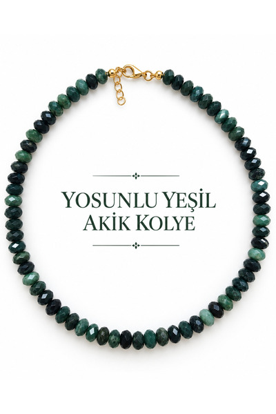 Cunda Doğal Taş Design Yosunlu Yeşil Akik Doğal Taş Kolye Elmas Rondela Kesim