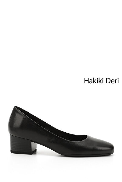 GÖNDERİ(R) Black Heel Genuine Leather Round Toe Short Thick Heeled Women's Sh...