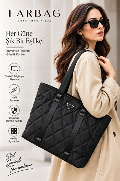 FARBAG Kadın SİYAH Kapitone Kumaş Büyük Omuz Çantası