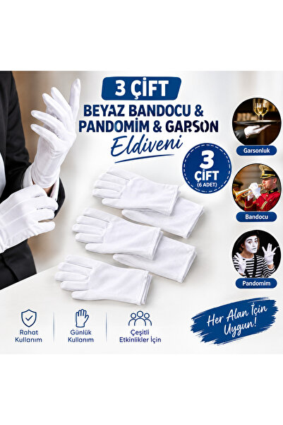gebze iş güvenliği 3 Çift Beyaz Garson Eldiveni | Bandocu & Pandomim Eldiveni...