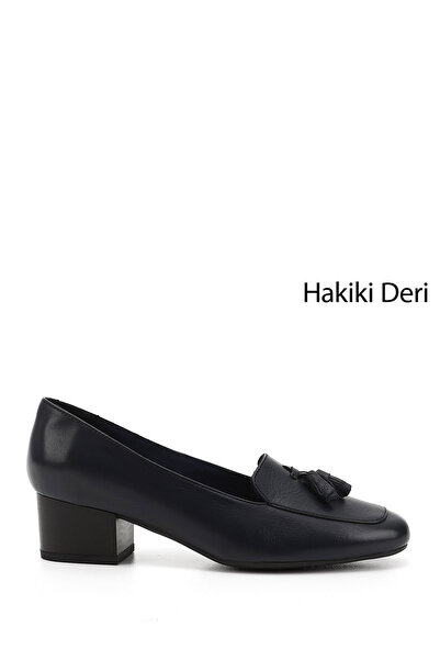 GÖNDERİ(R) Women's Navy Blue Antique Blunt Toe Short Thick Heeled Genuine Lea...