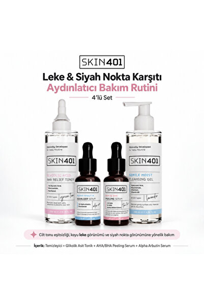 Skin401 Leke ve Siyah Nokta Karşıtı Aydınlatıcı 4'lü Cilt Bakım Rutini – Glik...