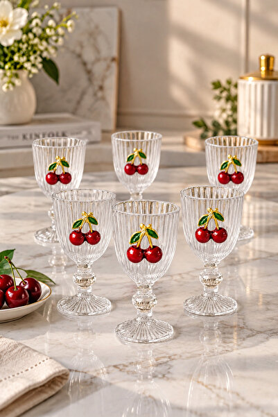 YzHome 6 Lı Kristal Cam Kahve Yanı Bardağı Kiraz Bardak Kirazlı 75ml