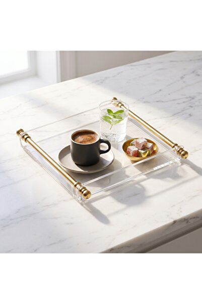 HamArt Pirinç Gold Parlak Pleksi Tepsi Sunumluk (Tek Kişilik)