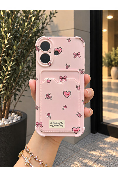 OVADA İphone 17 Uyumlu Kamera Korumalı Kartlıklı Kalp Çiçek Desenli Telefon K...