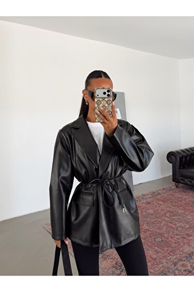 mydukkan.co Waist-Tied Leather Jacket - Black