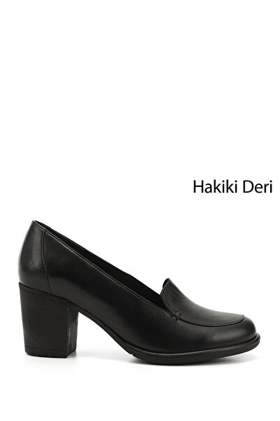 GÖNDERİ(R) Women's Black Medium Thick Heeled Genuine Leather Shoes